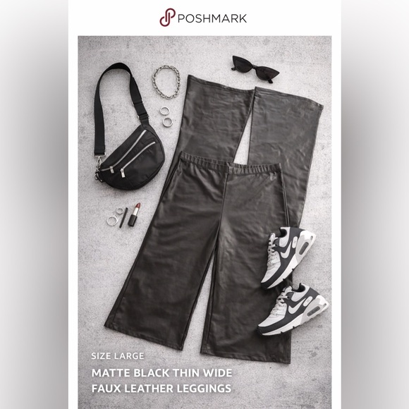 Pants - Black Faux Leather Pants — Smooth Finish wide legs size Large/XL NWOT